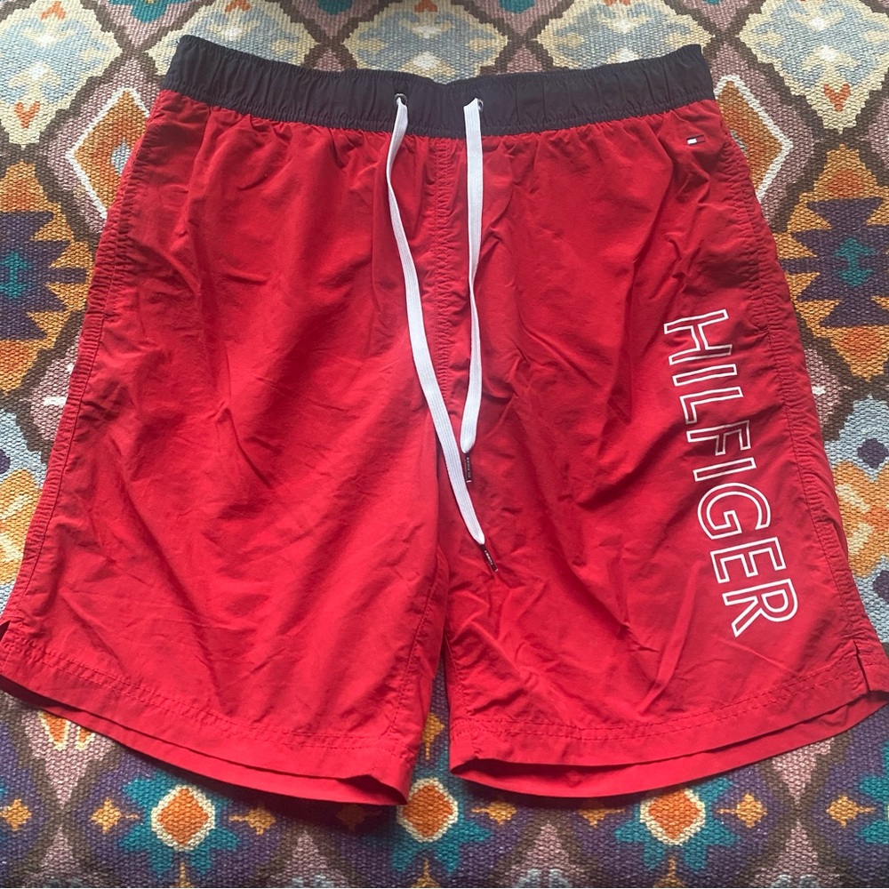 Vintage 90s Tommy Hilfiger Mens XL Spell Out Lined Nylon Shorts Swim Trunks Red